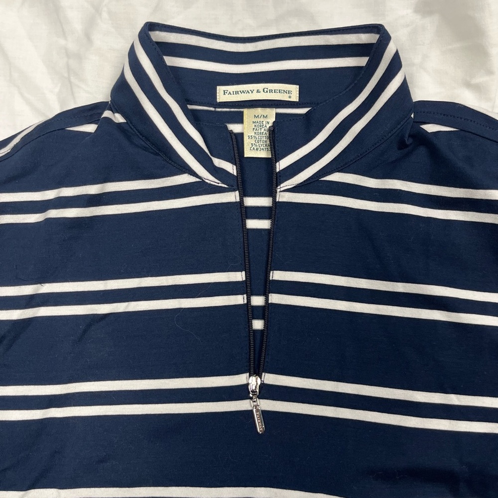 Fairway and Greene medium women’s 1/4 zip polo win navy and white stripe.